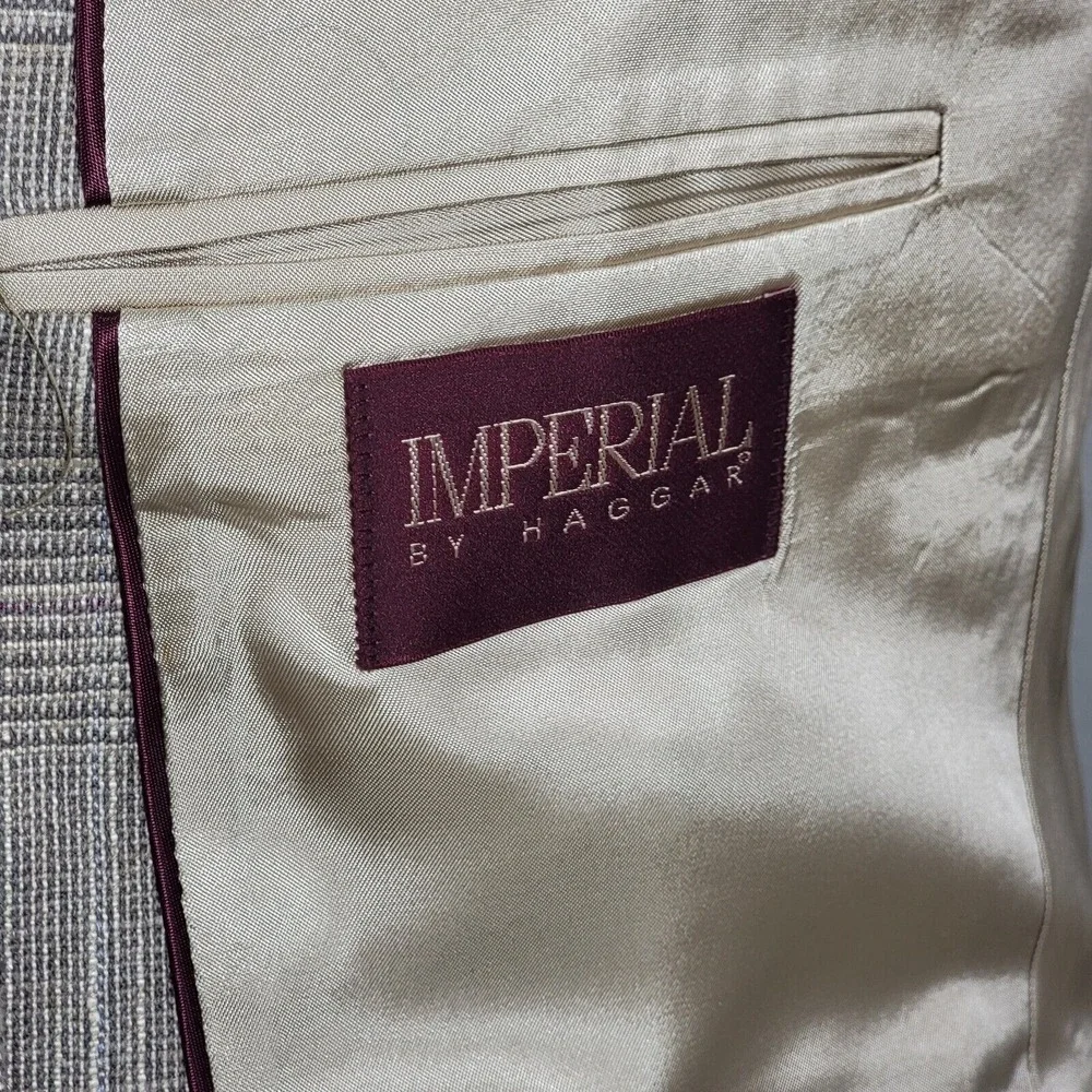 VTG Haggar Imperial Men's Sport Coat Blazer Two Button Gray‎ Beige Plaid 44L